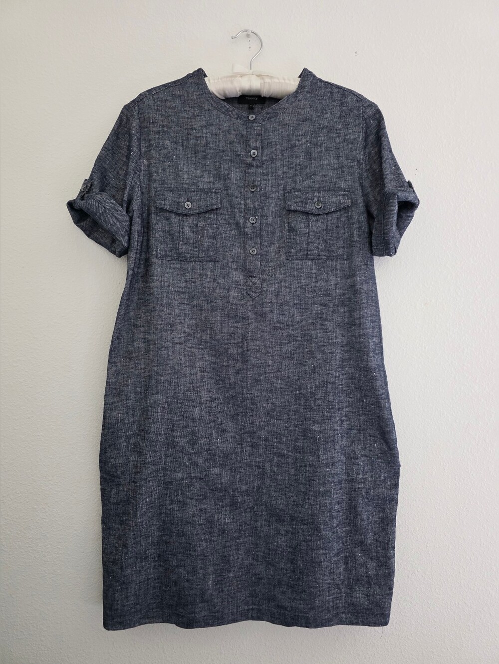 Theory Mayvine Dress Linen Blend W/Henley Neckline Roll Tab Short Sleeve Size 12